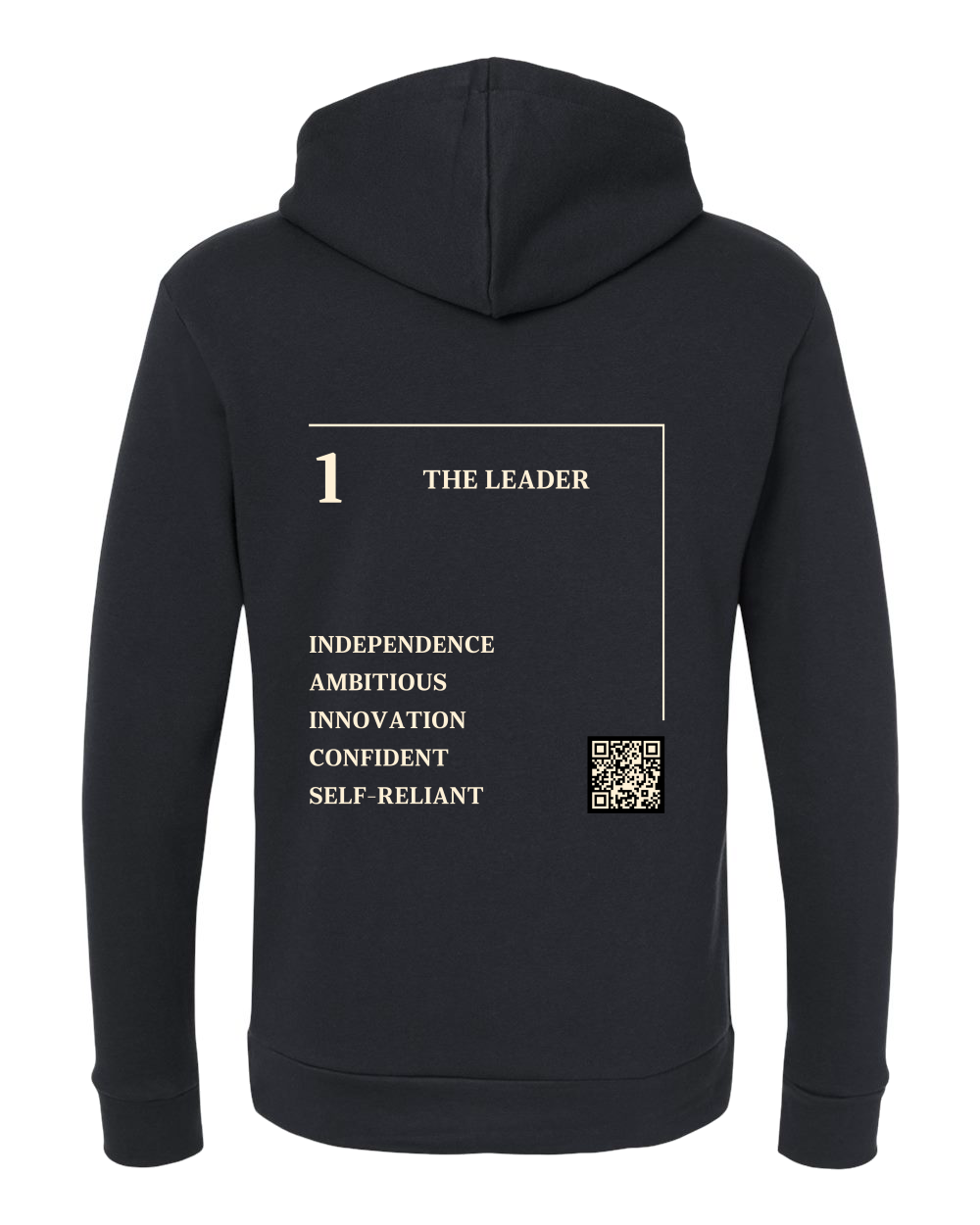 Back of the 1 – The Leader Numerology Hoodie in black, cream Life Path 1 print with traits and QR code.
