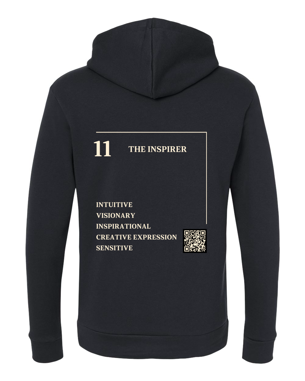 Back of the 11 – The Inspirer Numerology Hoodie in black, cream Life Path 11 print with traits and QR code.