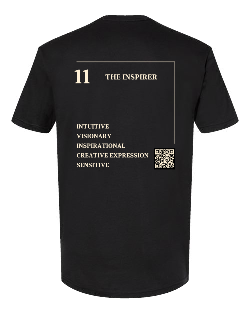 Back of the 11 – The Inspirer Numerology T-Shirt in black, cream Life Path 11 print with traits and QR code.