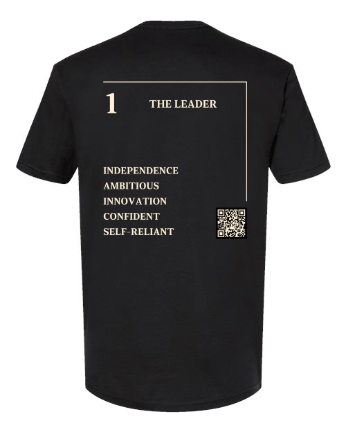 Back of the 1 – The Leader Numerology T-Shirt in black, cream Life Path 1 print with traits and QR code.