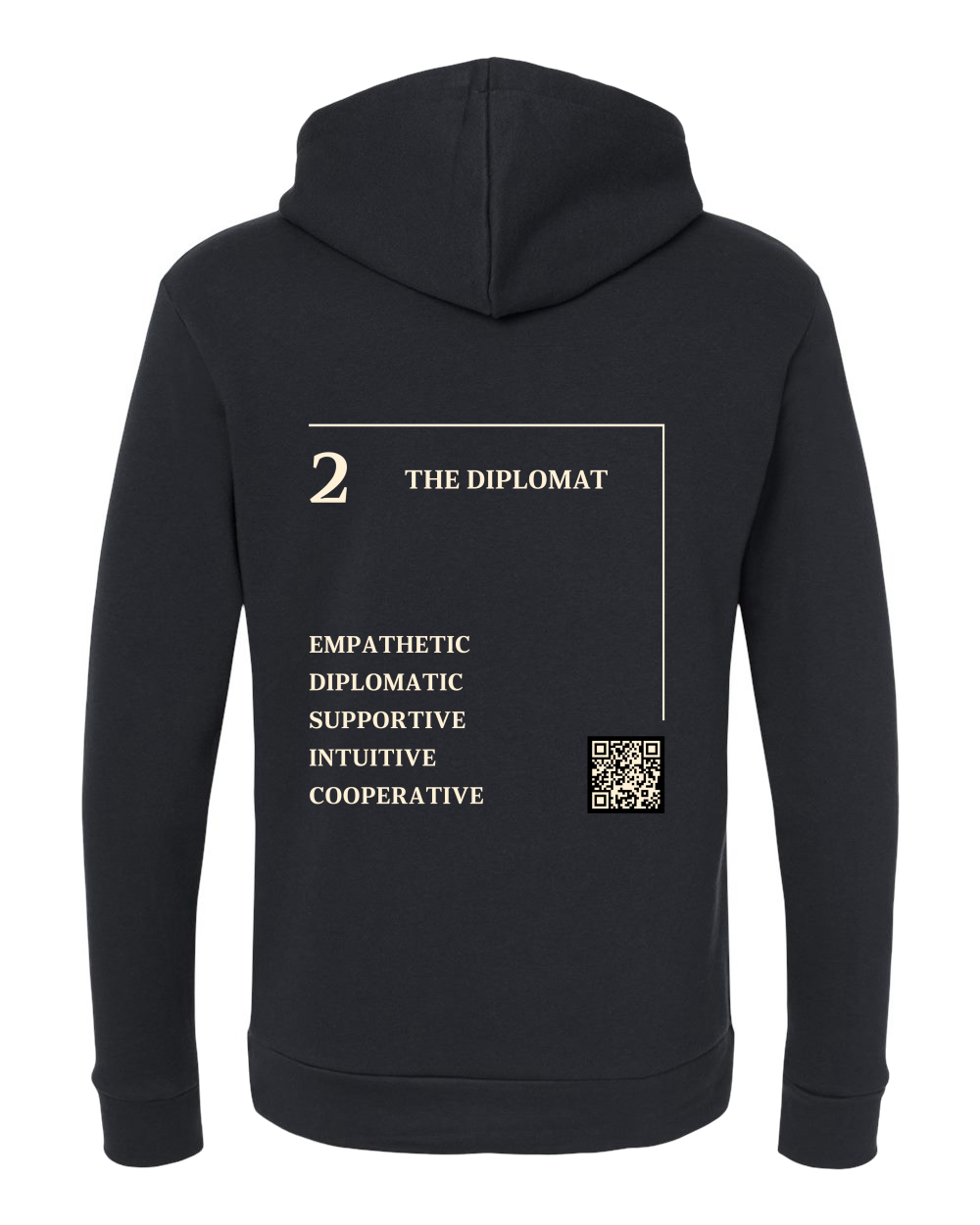 Back of the 2 – The Diplomat Numerology Hoodie in black, cream Life Path 2 print with traits and QR code.