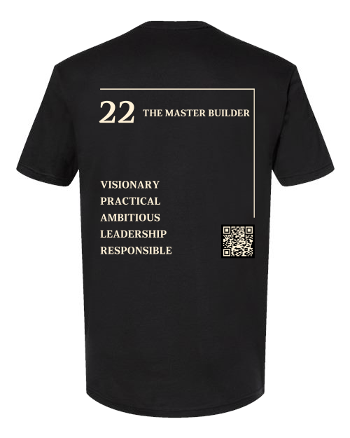 Back of the 22 – The Master Builder Numerology T-Shirt in black, cream Life Path 22 print with traits and QR code.