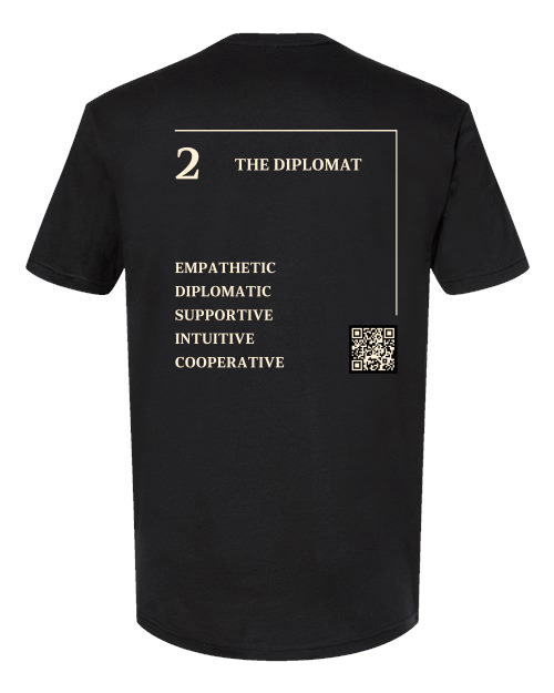 Back of the 2 – The Diplomat Numerology T-Shirt in black, cream Life Path 2 print with traits and QR code.