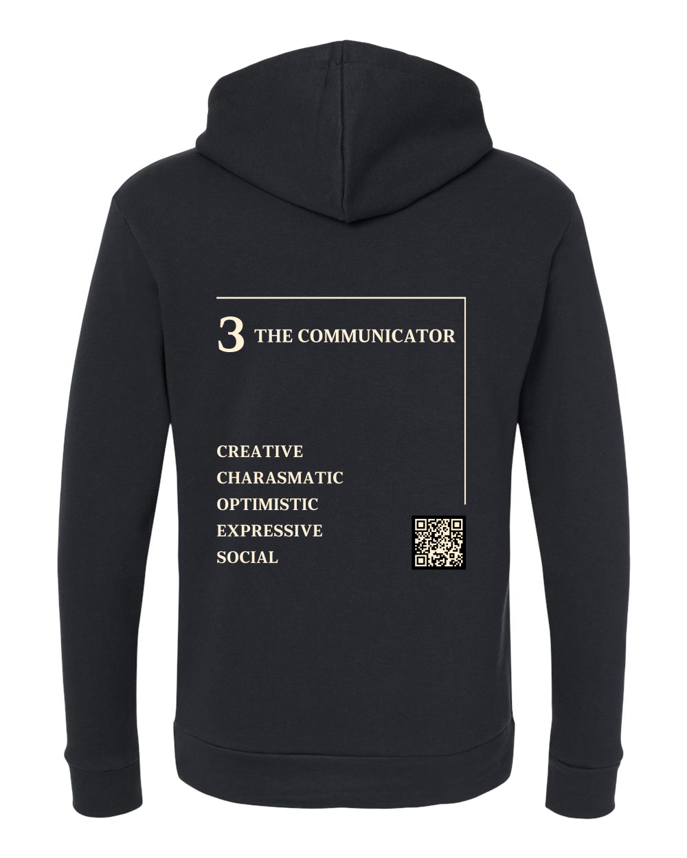 Back of the 3 – The Communicator Numerology Hoodie in black, cream Life Path 3 print with traits and QR code.