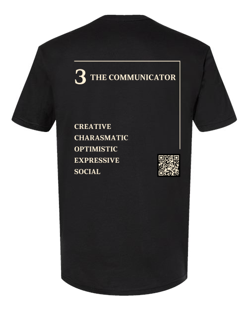Back of the 3 – The Communicator Numerology T-Shirt in black, cream Life Path 3 print with traits and QR code.