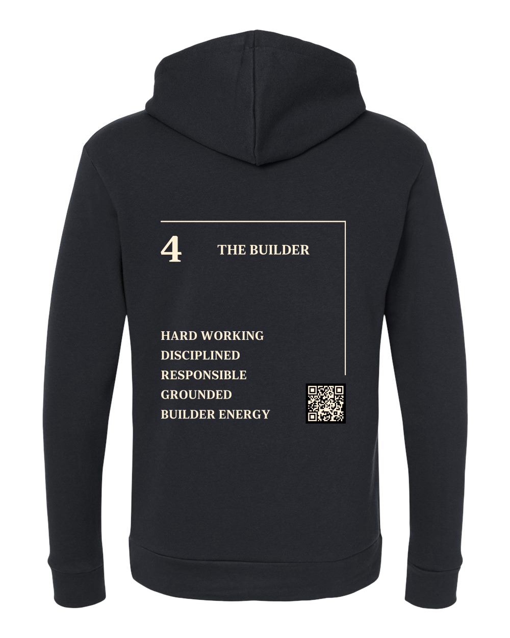Back of the 4 – The Builder Numerology Hoodie in black, cream Life Path 4 print with traits and QR code.