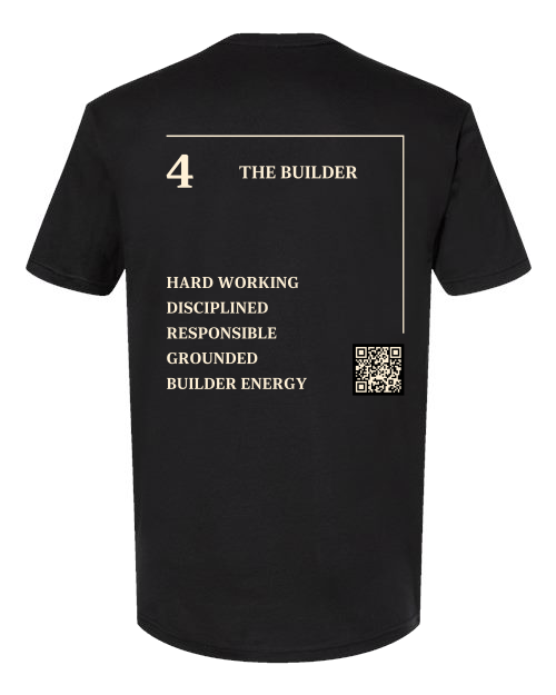 Back of the 4 – The Builder Numerology T-Shirt in black, cream Life Path 4 print with traits and QR code.