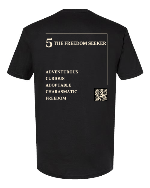 Back of the 5 – The Freedom Seeker Numerology T-Shirt in black, cream Life Path 5 print with traits and QR code.