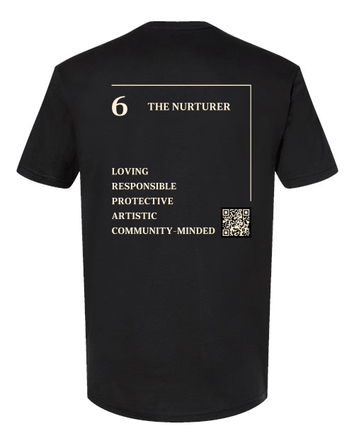 Back of the 6 – The Nurturer Numerology T-Shirt in black, cream Life Path 6 print with traits and QR code.