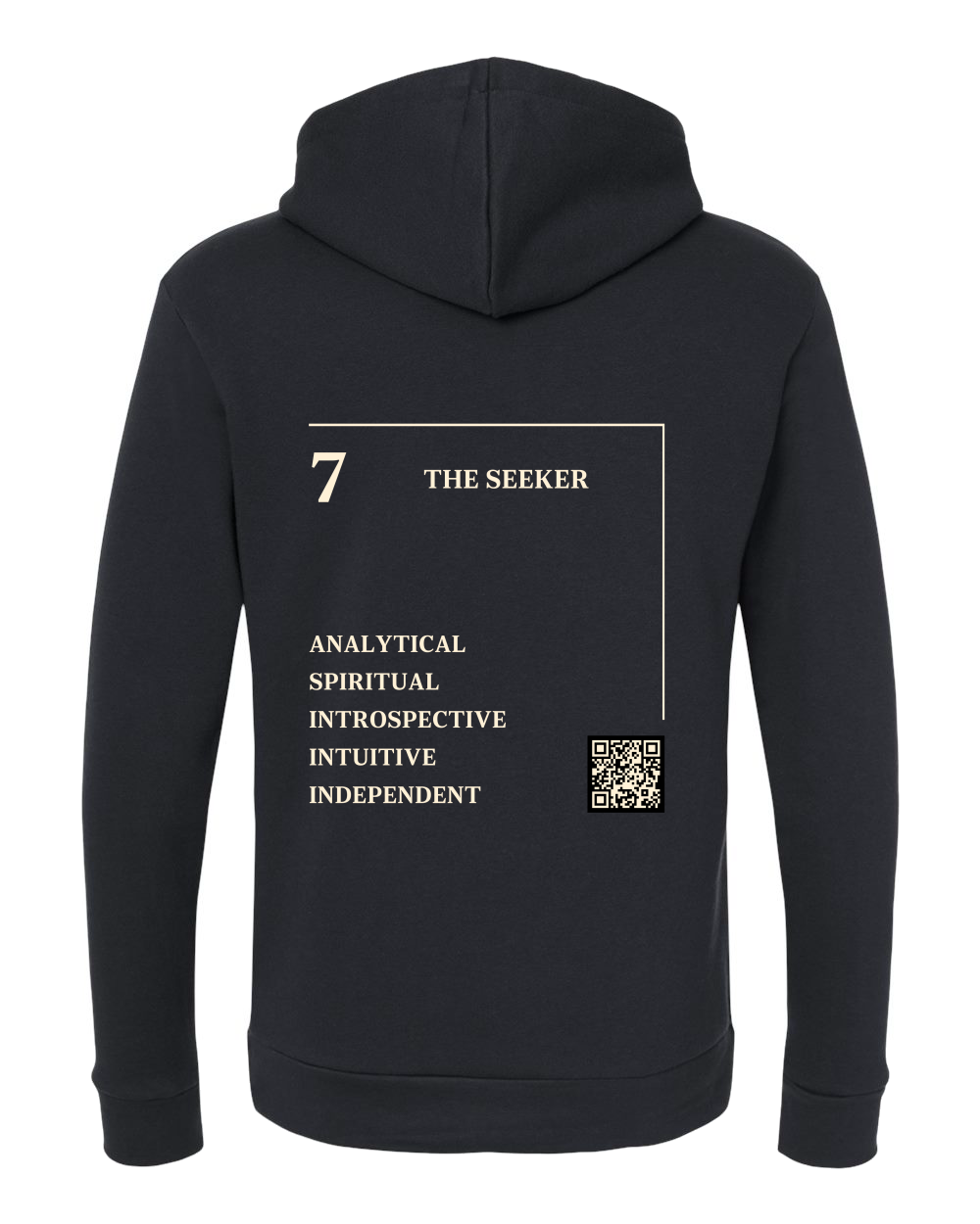 Back of the 7 – The Seeker Numerology Hoodie in black, cream Life Path 7 print with traits and QR code.