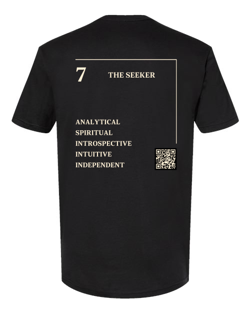 Back of the 7 – The Seeker Numerology T-Shirt in black, cream Life Path 7 print with traits and QR code.