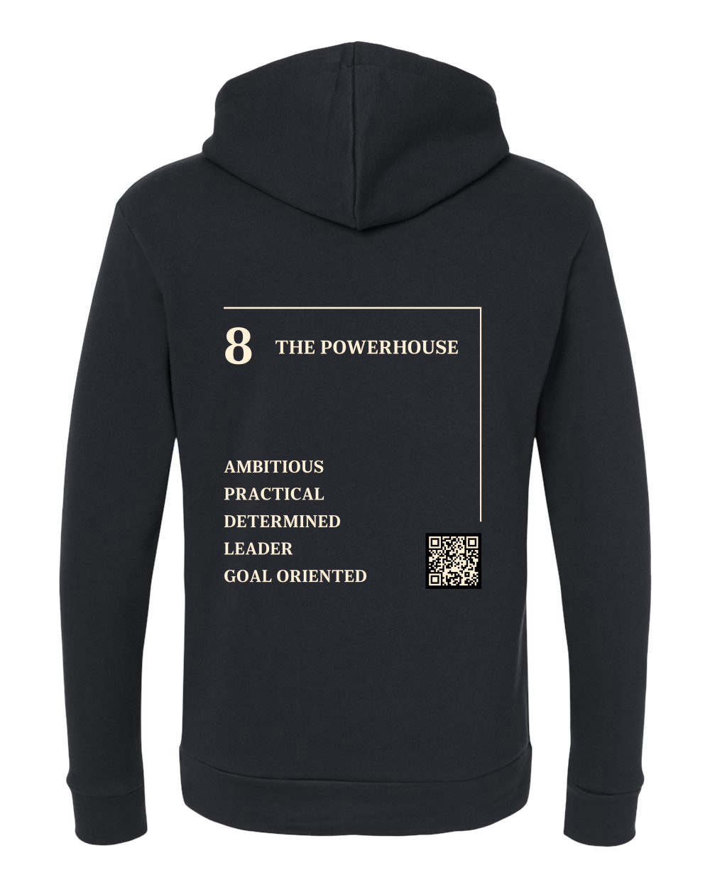 Back of the 8 – The Powerhouse Numerology Hoodie in black, cream Life Path 8 print with traits and QR code.