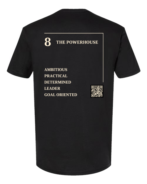 Back of the 8 – The Powerhouse Numerology T-Shirt in black, cream Life Path 8 print with traits and QR code.