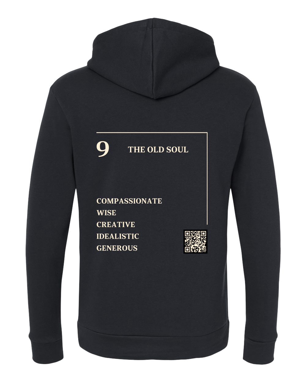 Back of the 9 – The Old Soul Numerology Hoodie in black, cream Life Path 9 print with traits and QR code.