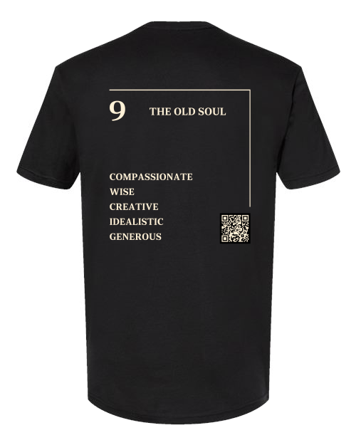 Back of the 9 – The Old Soul Numerology T-Shirt in black, cream Life Path 9 print with traits and QR code.