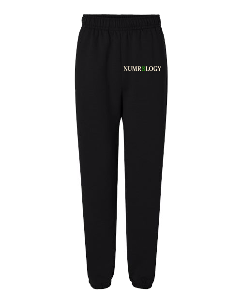 NUMR8LOGY Signature Sweatpants in black with the cream NUMR8LOGY logo.