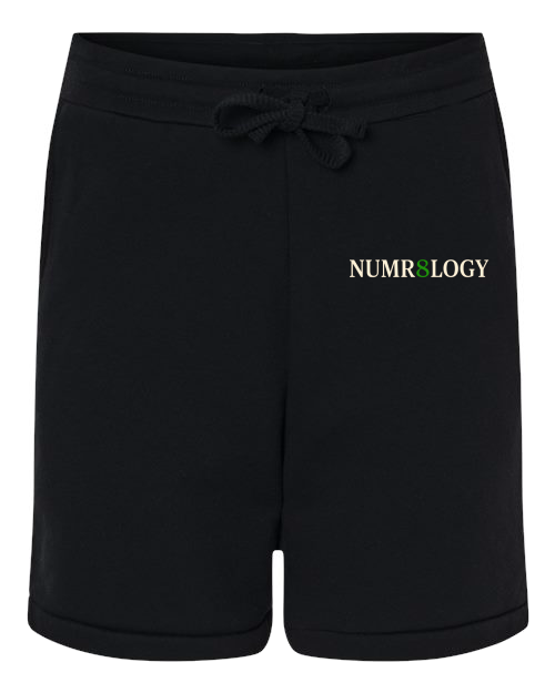 NUMR8LOGY Signature Sweat Shorts in black with the cream NUMR8LOGY logo.